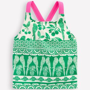 Cross-back Tankini Top-Rich Emerald Parrot Palm