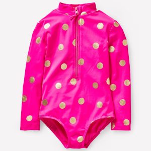 Long-sleeved Swimsuit-Fuchsia Pink. Gold Foil Spot