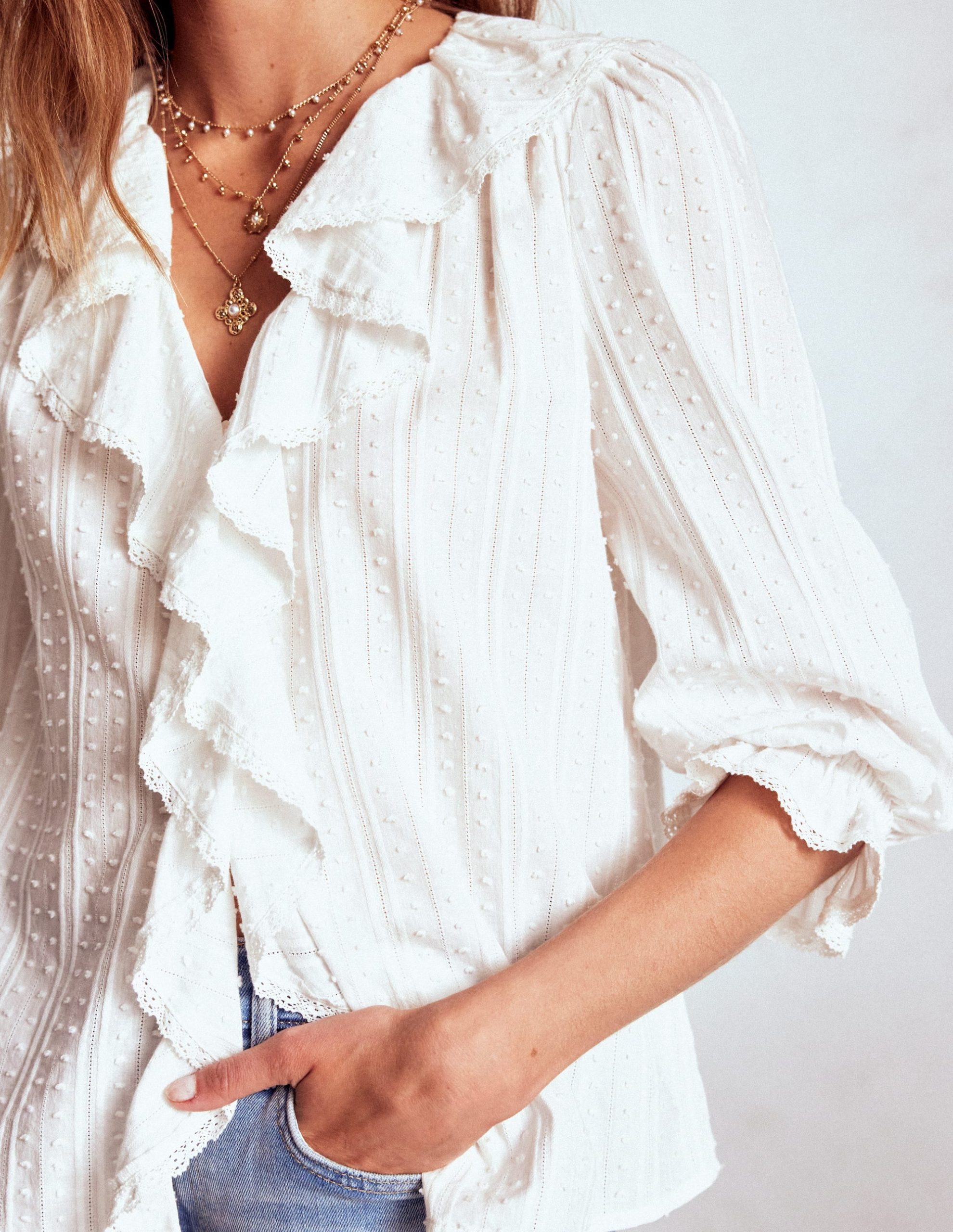 Eliza Ruffle V-Neck Blouse-White - Image 2