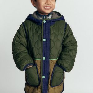 Quilted Coat-Khaki Colourblock