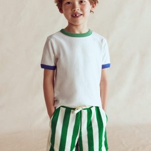 Towelling Shorts-Green and Ivory Stripe