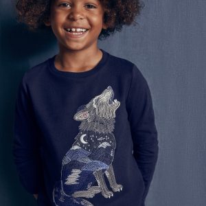 Glow Superstitch T-shirt-French Navy Scenic Wolf
