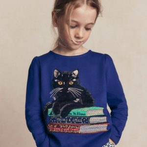 Puff Sleeve Appliqué  T-shirt-Bright Blue Cat