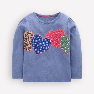 Puff Sleeve Appliqu??  T-shirt-Blue Marl Patchwork Heart