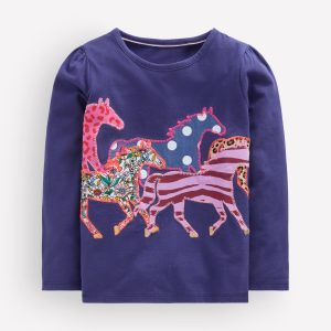 Puff Sleeve Appliqu??  T-shirt-College Navy Horses