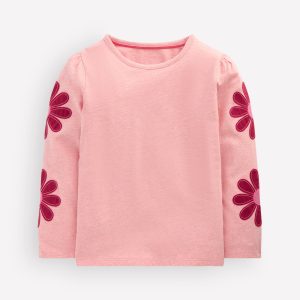Puff Sleeve Appliqu??  T-shirt-Pink Marl Flowers