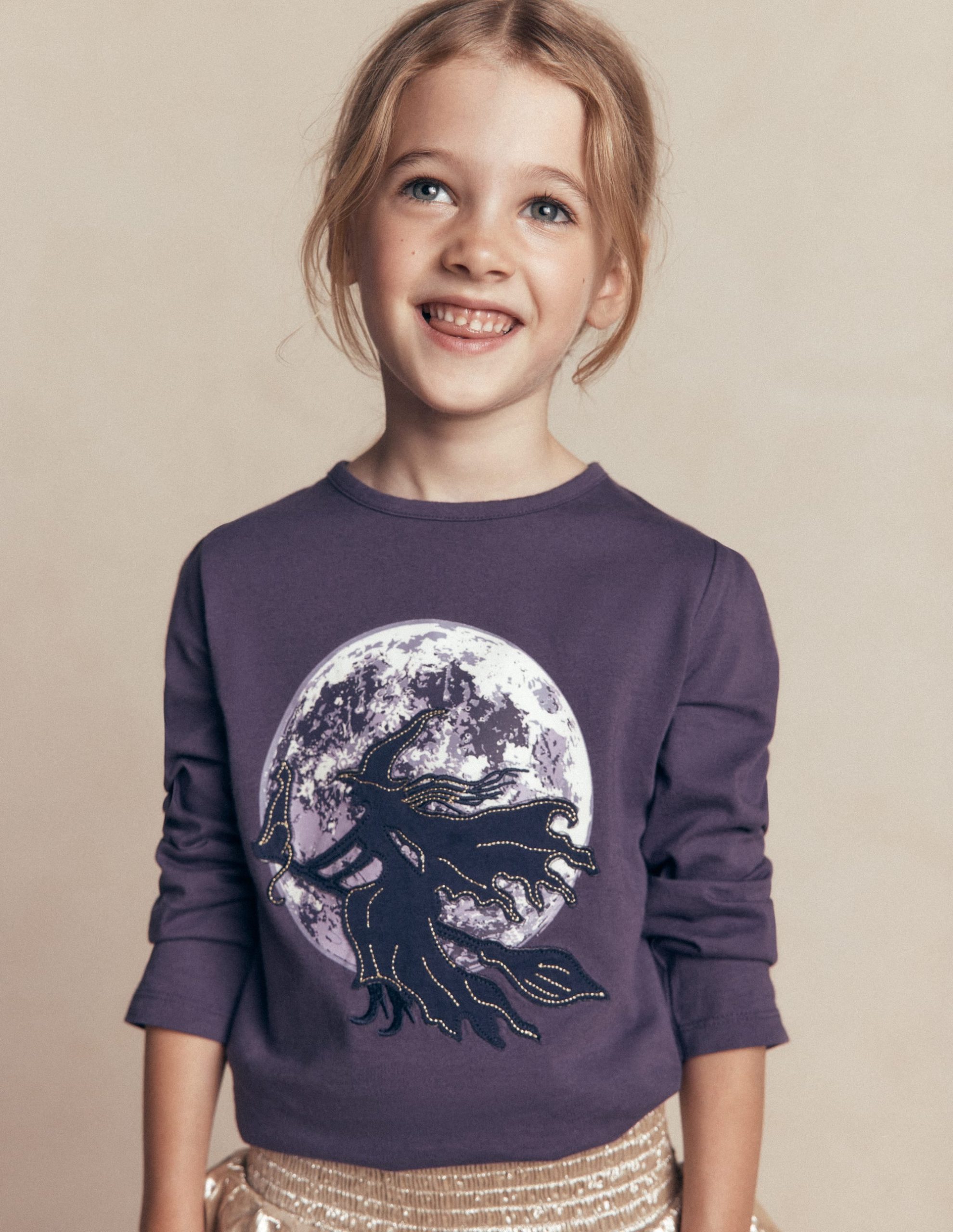 Puff Sleeve Appliqué T-shirt-Mystic Purple Witches