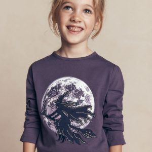 Puff Sleeve Appliqué  T-shirt-Mystic Purple Witches