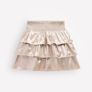 Smocked Waist Ruffle Skirt-Gold Metallic