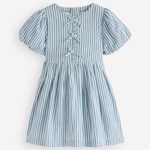 Bow Front Woven Dress-Blue Stripe