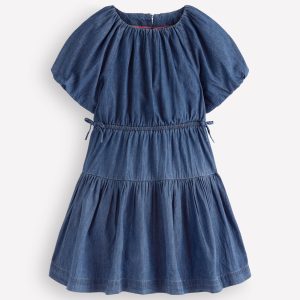Bow Waist Woven Dress-Mid Vintage Denim