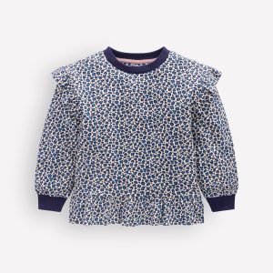 Pretty Frill Sweatshirt-Calico White/ Blue Leopard
