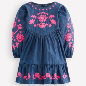 Celia Wing Sleeve Dress-Denim Pink Embroidery