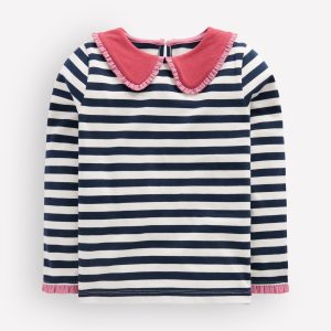 Collared Breton Jersey Top-Ivory and Navy Stripe