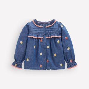 Frill Button Through Woven Top-Chambray Embroidery