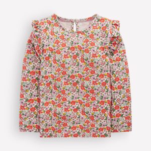 Frill Sleeve Slub Top-Soft Cream Garden Flowerbed