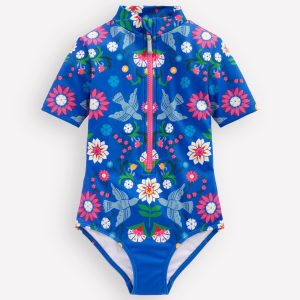 Short-sleeved Swimsuit-Kingfisher Blue Bird Floral