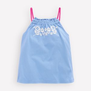 Plaited Strap Embroidered Tank-Forget Me Not Blue