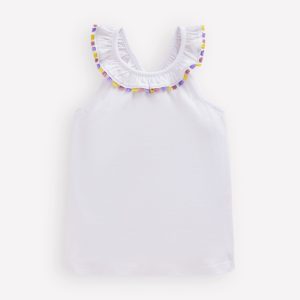 Ruffle Neck Trim Top-White