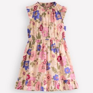 Gathered Woven Dress-Blooming Pink Floral Bloom