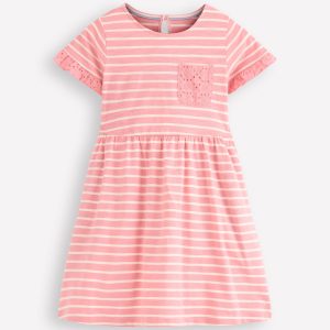 Broderie Pocket Jersey Dress-Almond Pink Stripe