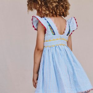 Ric Rac Trim Flutter Dress-Sapphire Blue Stripe