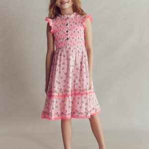 Shirred Bodice Midi Dress-Chalk Pink Daisy Chain