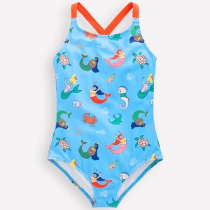 Cross-Back Printed Swimsuit-Cabana Blue Mermaids