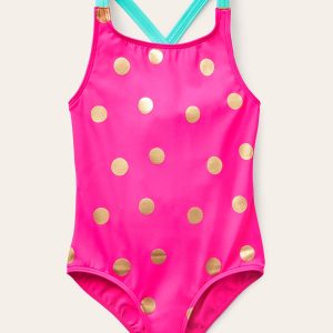 Cross-Back Printed Swimsuit-Fuchsia Pink Foil Spot