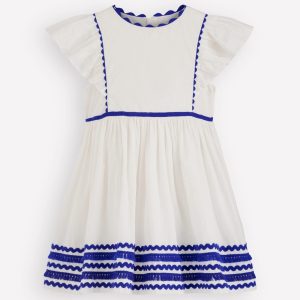 Flutter Sleeve Ric Rac Dress-Soft Ivory/ Bright Blue