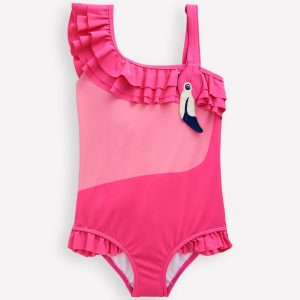 One Shoulder Appliqué Swimsuit-Sorbet Pink Flamingo