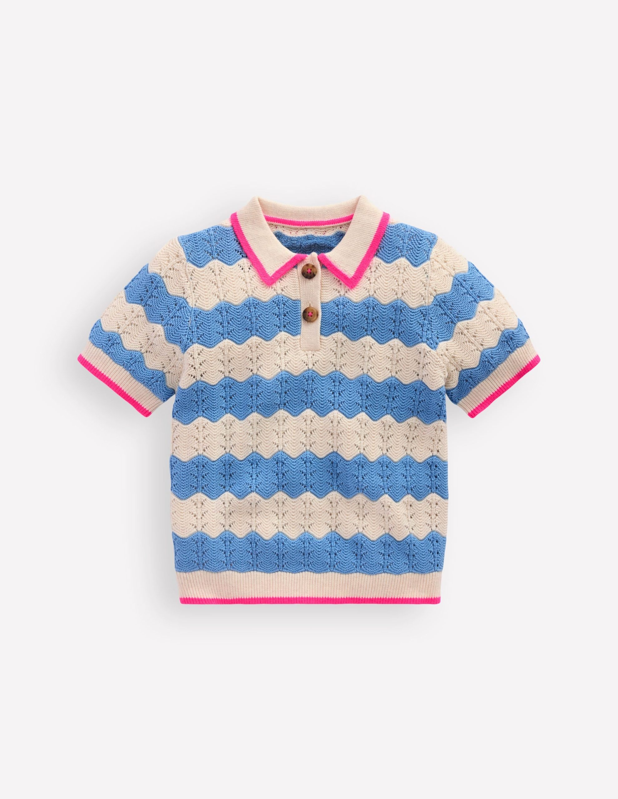 Pointelle Knitted Polo Top-Wave Blue