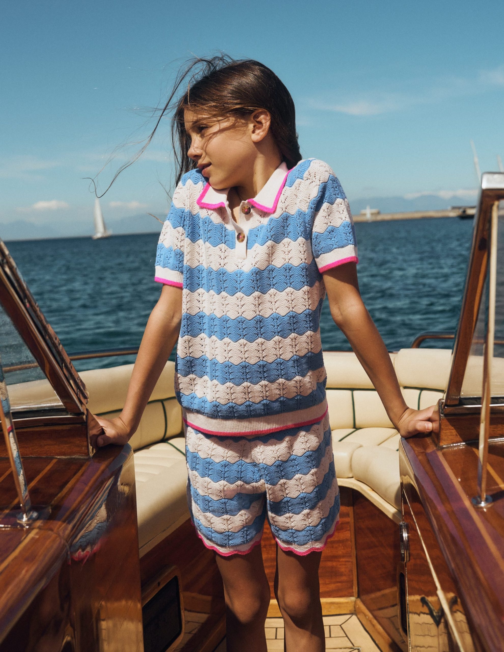 Pointelle Knitted Polo Top-Wave Blue - Image 4