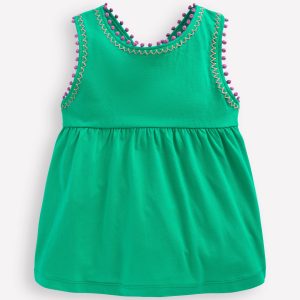 Cross-Back Pom Trim Top-Aquamarine Blue