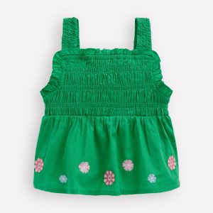 Embroidered Shirred Top-Sapling Green