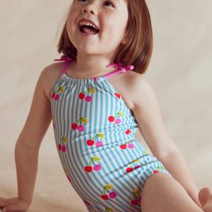 Tie Shoulder Swimsuit-Cloud Blue Stripe Cherries