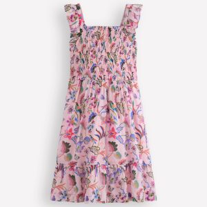 Shirred Bow Back Detail Dress-Multi Pink Floral