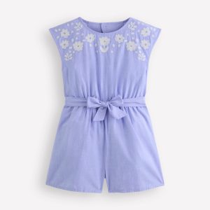 Tie Waist Woven Playsuit-Denim Embroidery