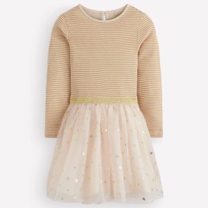 Twirly Tulle Mix Dress-Ivory/Gold