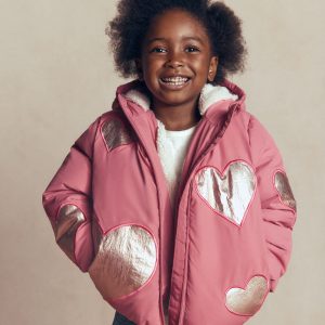 Fun Padded Coat-Pink Applique Metallic Hearts