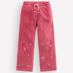 Velour Wide Leg Sweatpants-Pink Embroidery