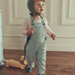 Woven Dungarees-Green Ticking Stripe
