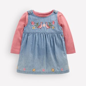 Embroidered Pinny Dress Set-Embroidered Chambray