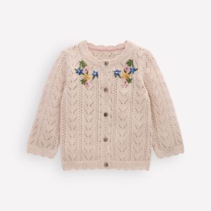 Embroidered Cotton Cardigan-Ecru Marl Mini Embroidered