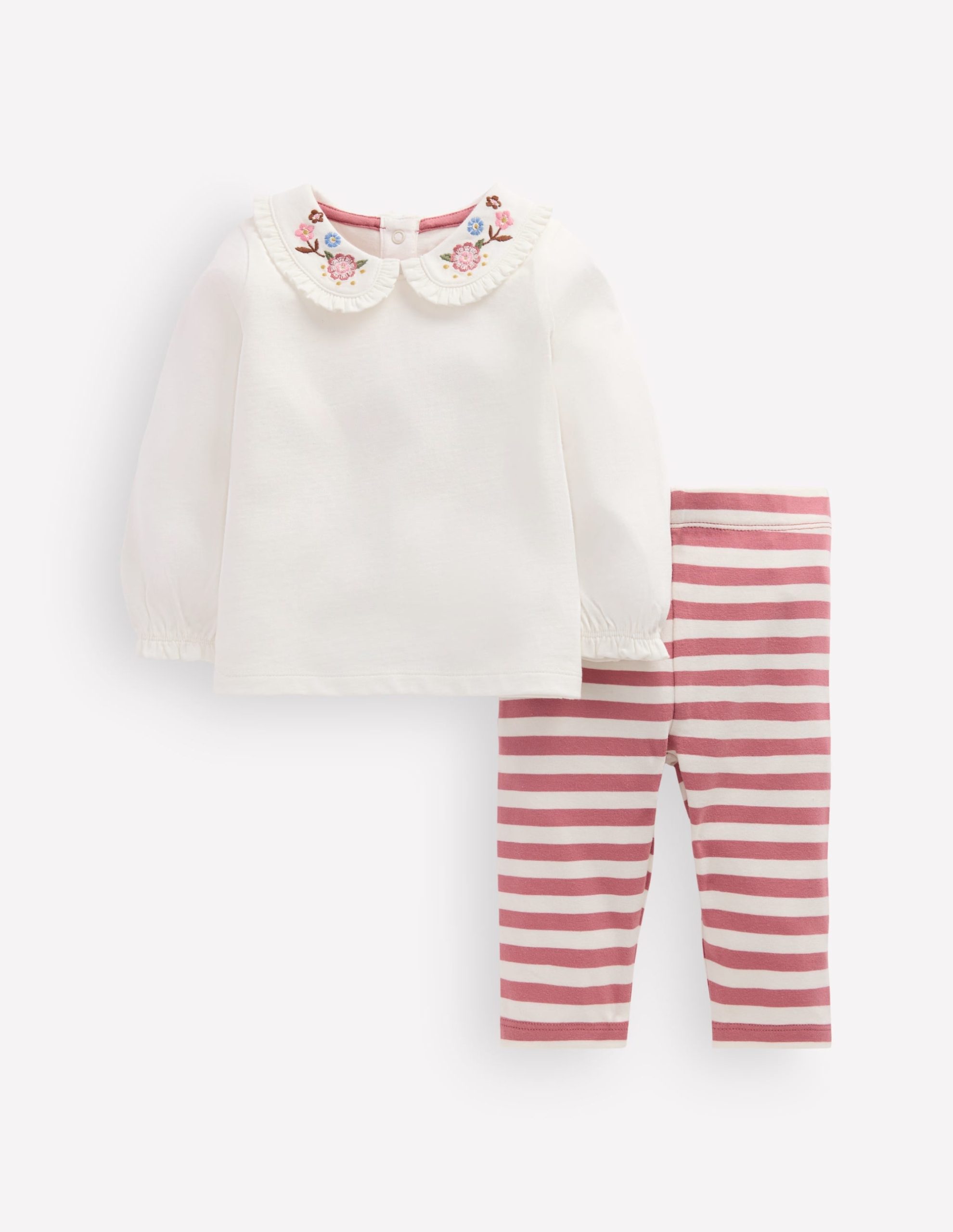 Collared Jersey Set-Ivory/Pink Embroidered