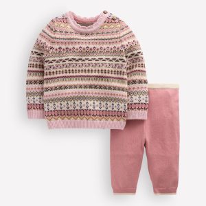 Fair Isle Knitted Sweater Set-Pink Heather