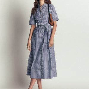 Sarah Cotton Midi Shirt Dress-Navy Ivory Fine Stripe