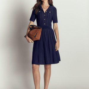 Button Front Stitch Dress-Navy