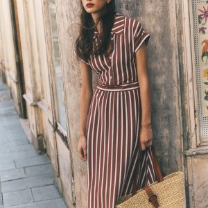 Fae Jersey Shirt Dress-Brown Stripe