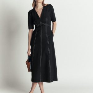 Puff Sleeve Ponte Midi Dress-Black